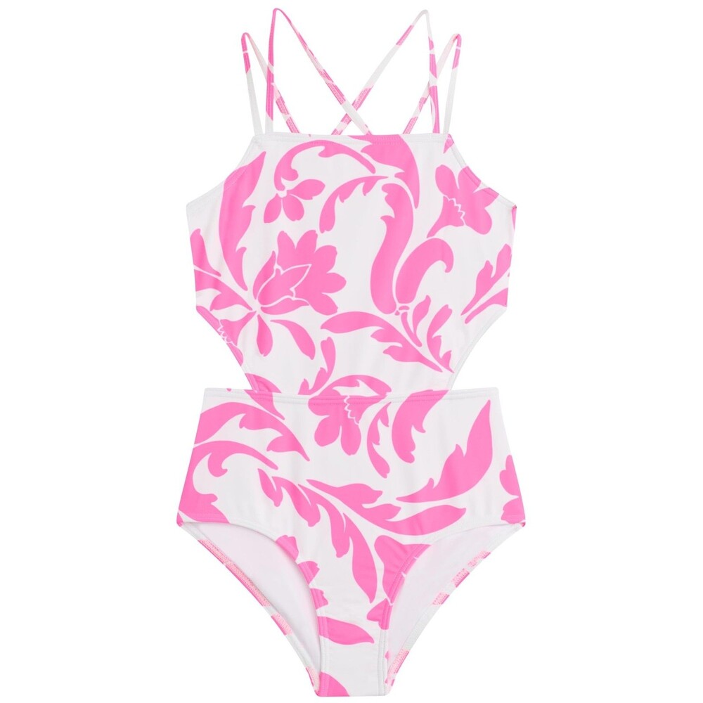 Kanu Surf Girls Laurel Cut-Out 1-PC Swimsuit Pink White Floral Size 8 NWT